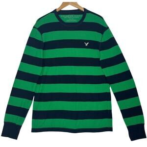 American Eagle Green Striped Waffle Thermal Long Sleeve Sz L Collegiate Preppy
